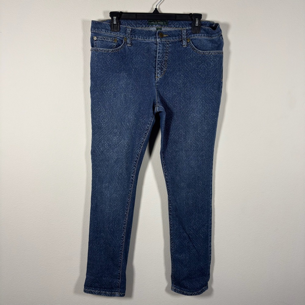 Lauren Ralph Lauren Modern Skinny Jeans Blue Geometric Logo Print Denim Size 12